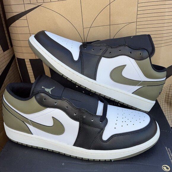 NEW Nike Air Jordan 1 Low Black Toe Medium Olive Green 553558-092 - Picture 1 of 6